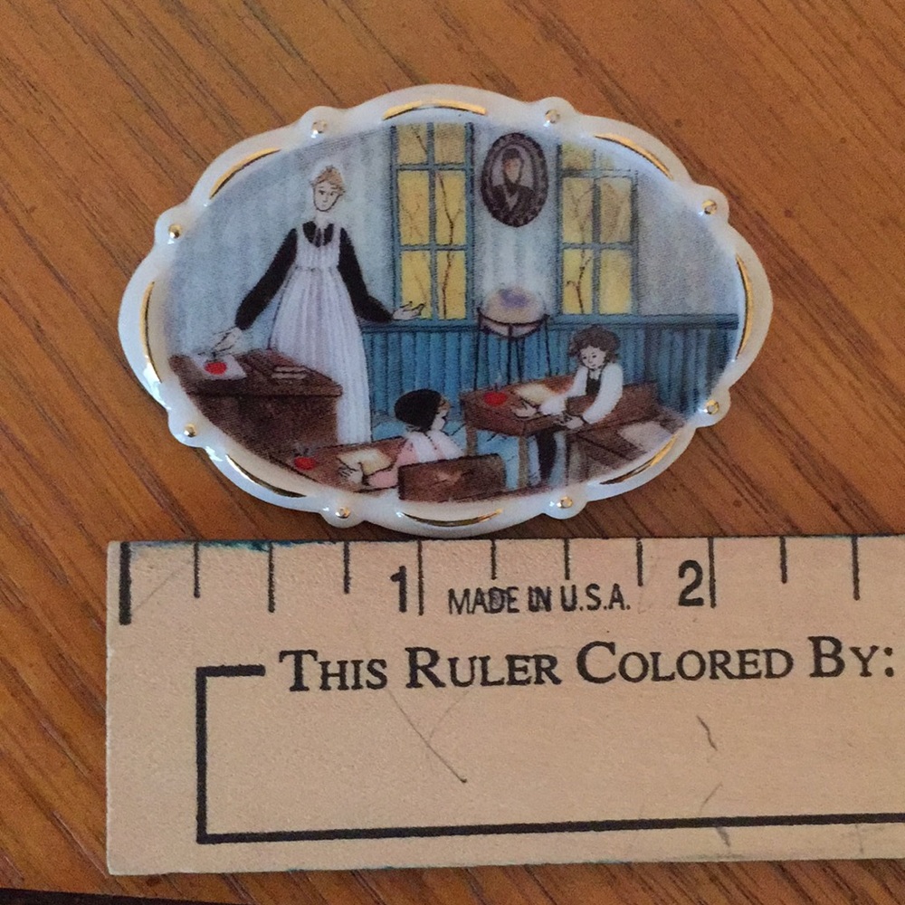 P. Buckley Moss “ Today’s Lesson” Porcelain Brooch -Amish Teacher and Student